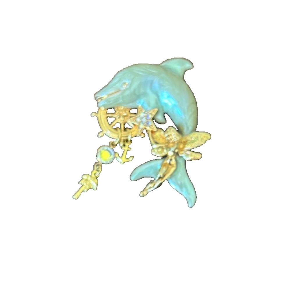 Vintage Kirks Folly Gold Tone Enamel Dolphin Fairy Brooch Nautical Pin Signed